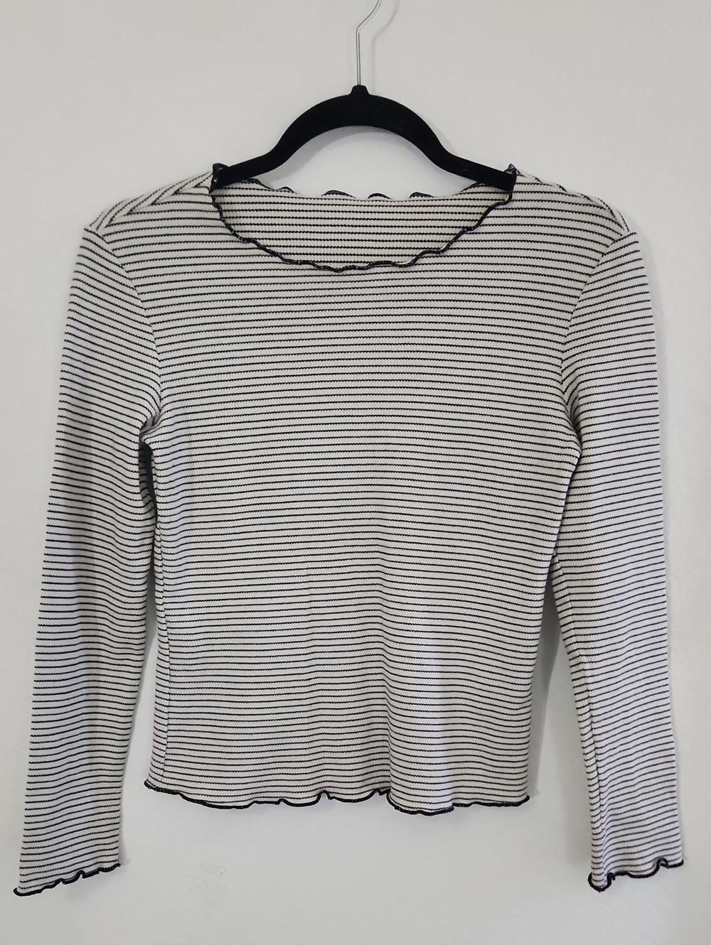 Y2k Grunge Dazy Striped Lettuce Trim Ribbed Long Sleeve Top Cream Black Size M
